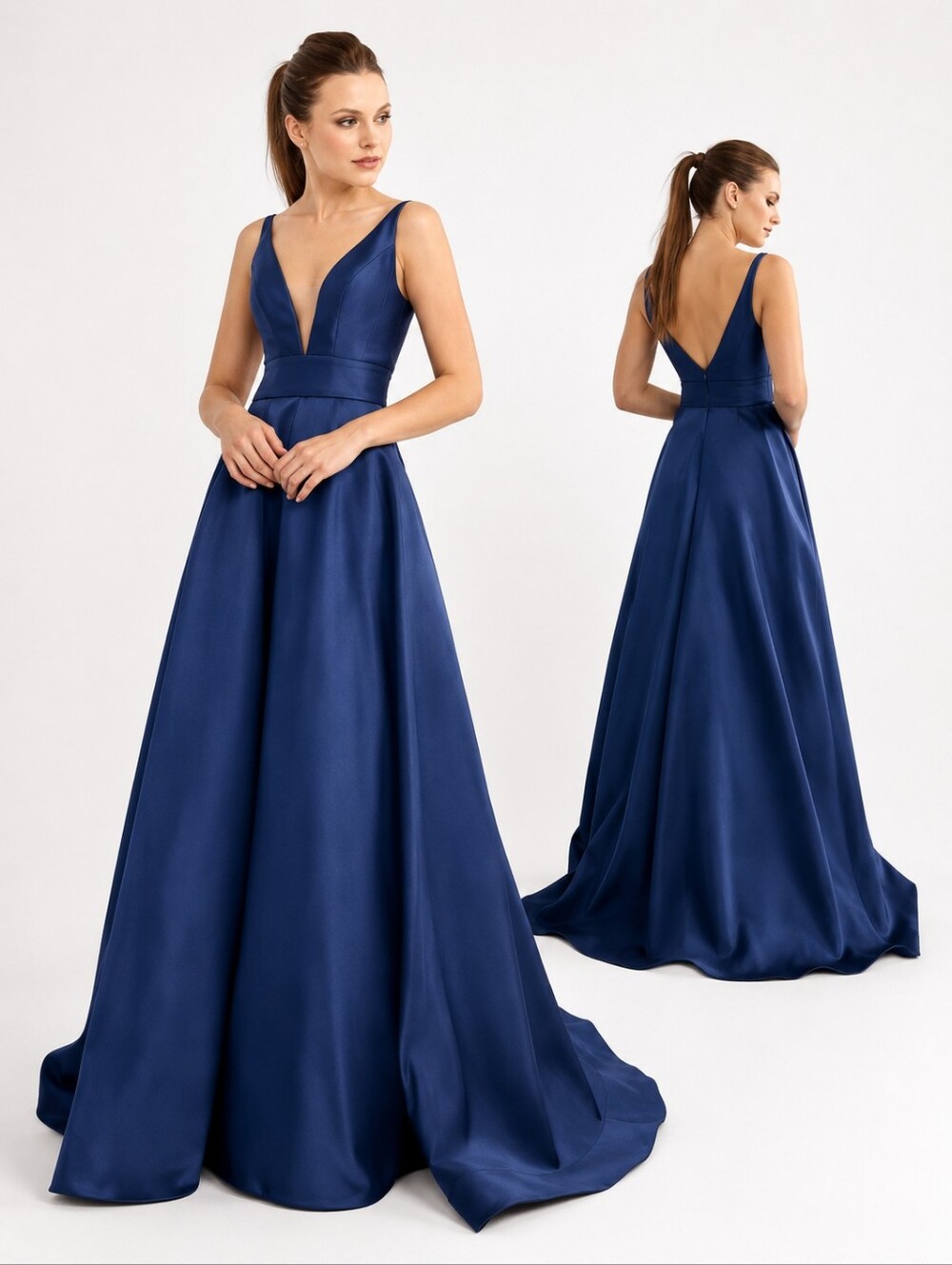Mac Duggal Navy Ieena 55010 Plunging V-neck Taffeta Dress